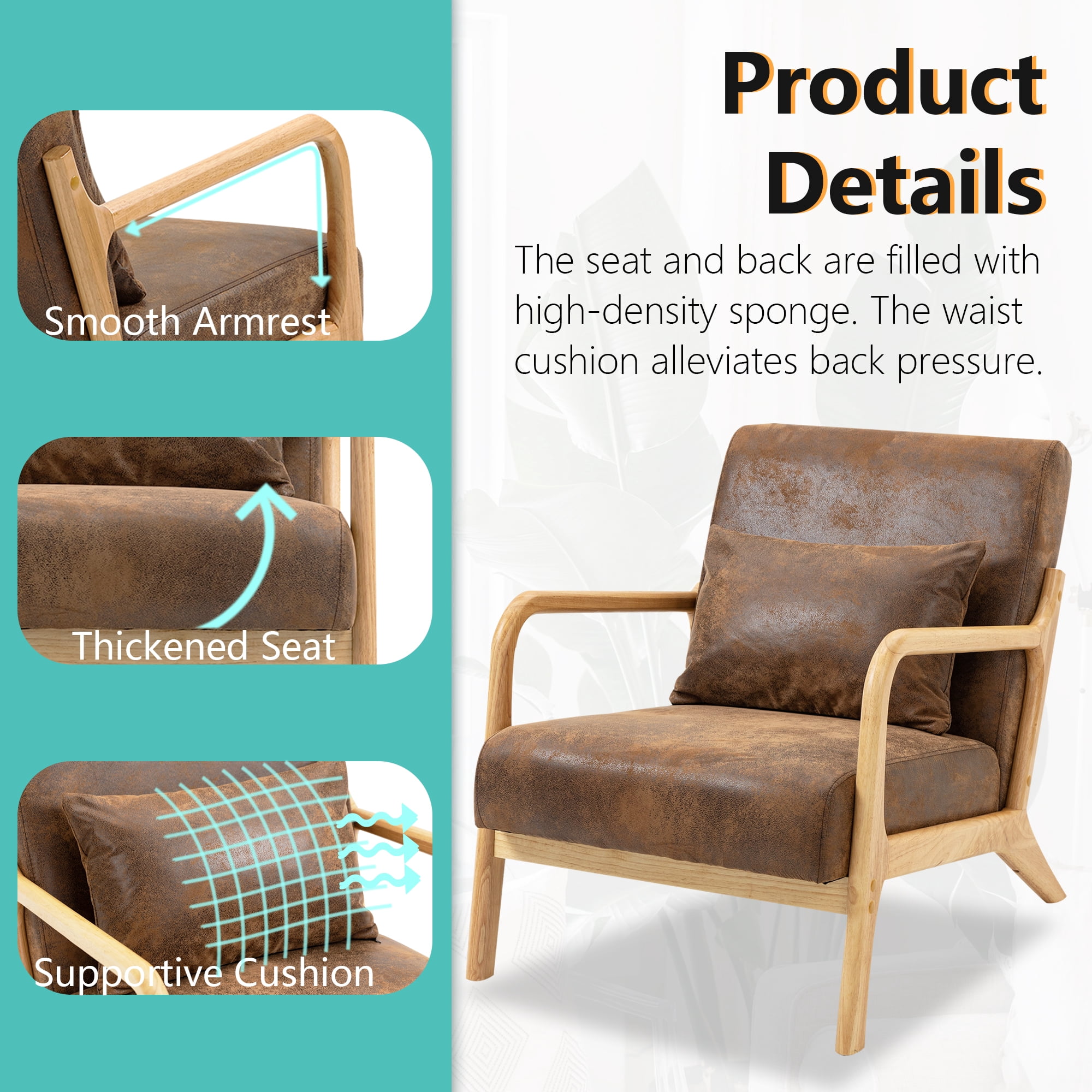 Miniyam Mid Century Modern Accent Chair with Wood Frame, Upholstered Living Room Chairs with Waist Cushion, Reading Armchair,Brown