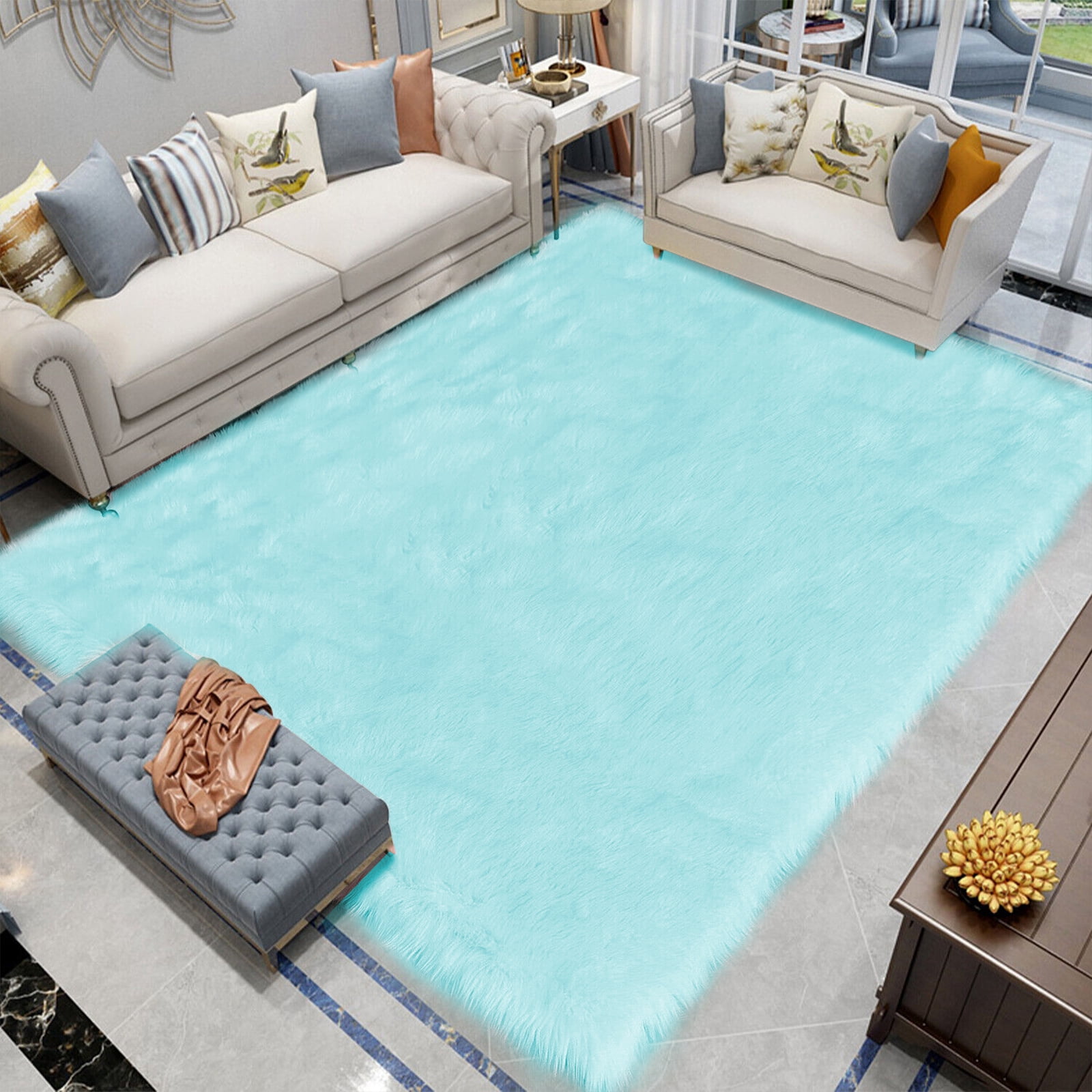 Latepis Light Blue Fur Rug 8x10, Faux Sheepskin Rug for Living Room