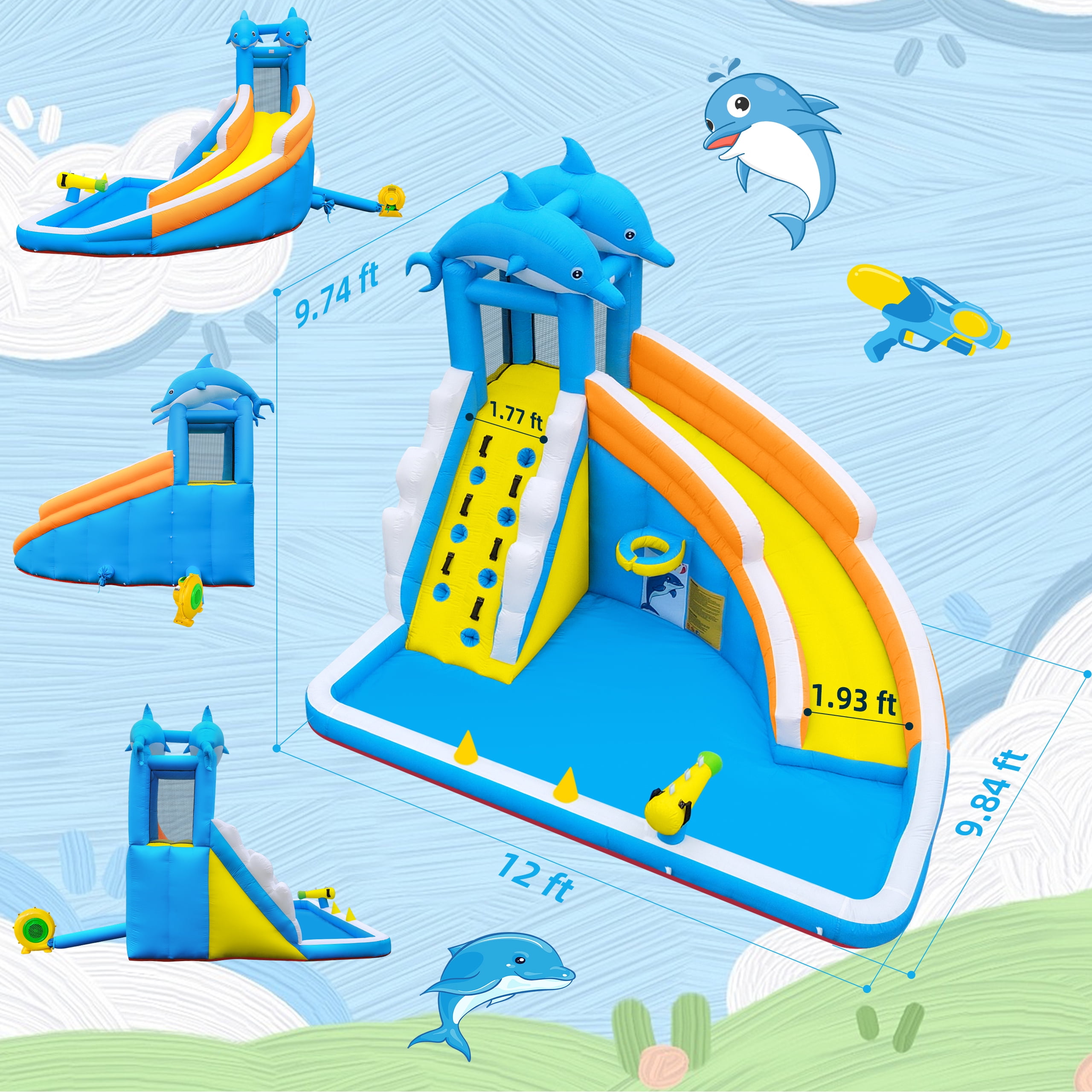 Inflatable Water Slide,5 in 1 Dolphin Inflatable Bounce House for Kids- Climbing Wall Splash Pool Water Cannon Basketball Rim - 480W Blower - for Indoor Outdoor Backyard Birthday Party