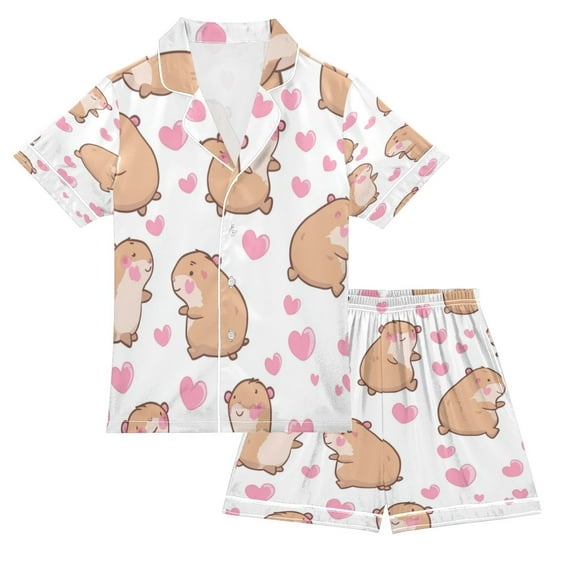 Silky Satin Kids' Pajama Set Breathable & Smooth Unisex Button-Down Pajamas Capybaras and Heart