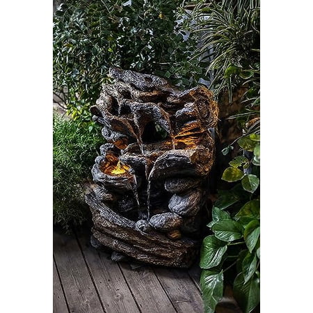 Warm Garden Stump Outdoor Freestanding Fountains Rock Waterfall Fountain with LED Lights and Pump. 23 Inch Tall