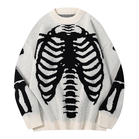 Tisuna Mens Halloween Knit Sweatshirts Skeleton Print Long Sleeve Crewneck Sweater Cozy Men Festival Theme Party Everyday Wear Size L