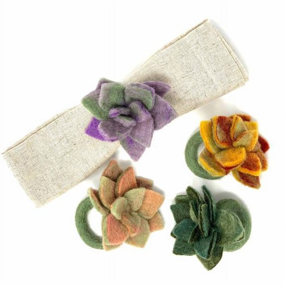 Global Groove GLG70019-0X-K4-A Hand-Felted Succulent Napkin Rings, Assorted Color - Set of 4