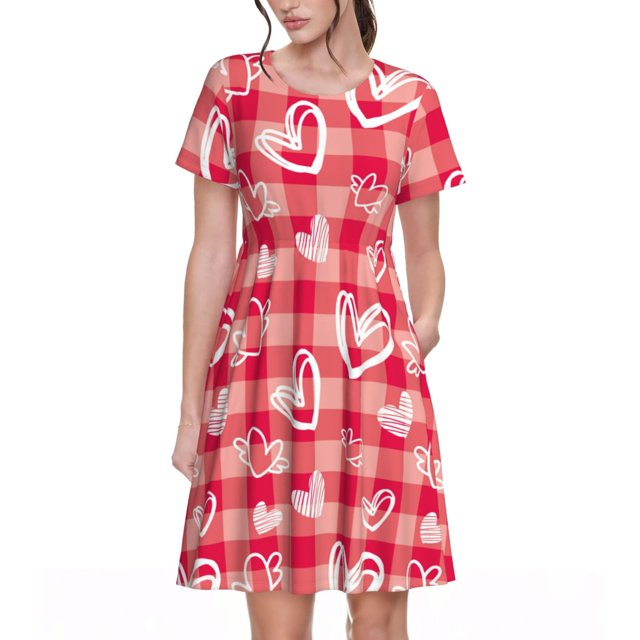 Disketp valentine day with heart para Vestido de Manga Corta para Mujeres, Vestidos de Verano para Mujeres, Casual y Holgado para la Playa