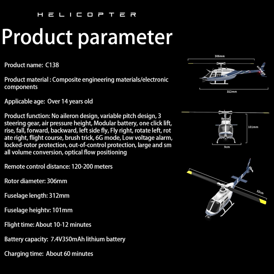 RC-ERA C138 Bell 206 6CH RTF RC Helicopter 2.4GHz Single Rotor Aircraft with Altitude Hold, Optical Flow Positioning, 6 Axis Gyro, One Key Takeoff Landing for Adults - 2 Battery
