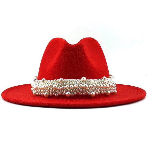 ¡Rebajas! Sombreros vaqueros Fdelink. Sombrero de copa para mujer, estilo británico, elegante sombrero de jazz con aro de perla y sombrero de copa, sombrero de ala ancha, sombrero de lana rojo para