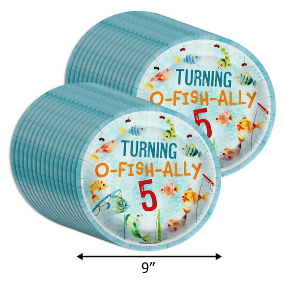 Ofishally Five Fishing Birthday Party Supplies - Boys 5th Birthday Party Paper Plates - Fisherman Party Plates - Large 9" Plates In Bulk 32 Piece