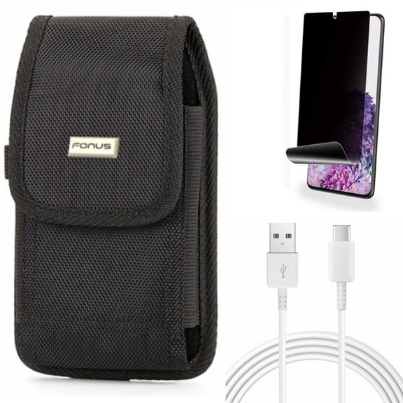 10ft USB-C Cable w Case Belt Clip w Privacy Screen Protector for Samsung Galaxy S20 Plus - Type-C Charger Cord Power, Swivel Holster Rugged, TPU Film [NOT GLASS] [Fingerprint fits Galaxy S20 Plus