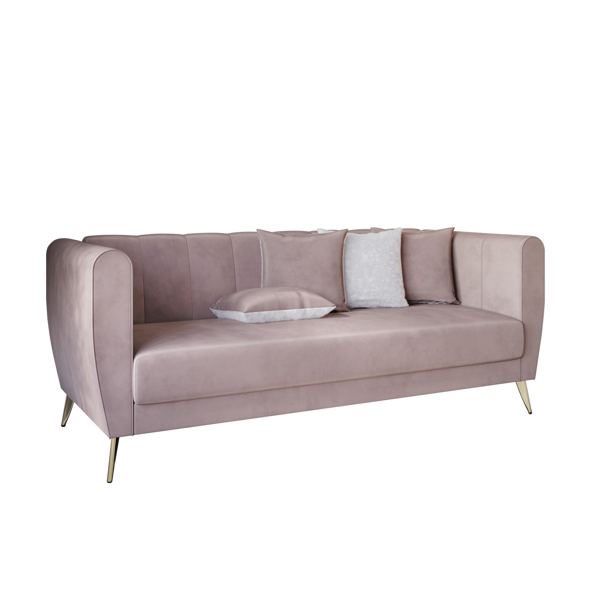 Home Design Scarlett Velvet Flared Arm 3-Seater Sofa with 4 Throw Pillows, Vertical Channel Tufting and Metal Legs, Modern Luxury, Pink
