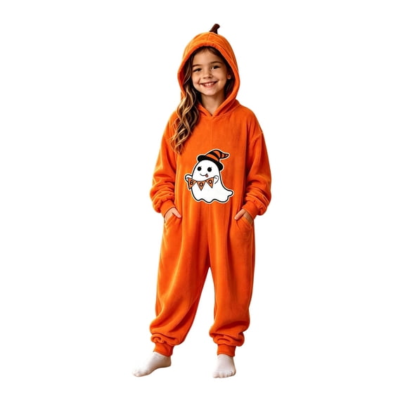 Rhuody Halloween Girl'S Onesie Halloween Round Neck Pajamas Long Sleeve Cartoon Pumpkin Prints Jumpsuit 9-10 Years Orange
