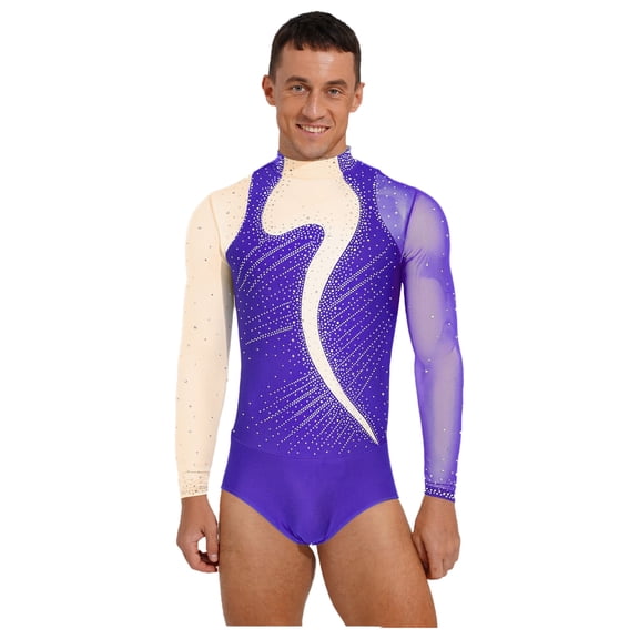 HULIJA Men's Shiny Rhinestones Figure Skating Leotard Long Sleeve Bodysuit Latin Ballroom Dancewear Purple S