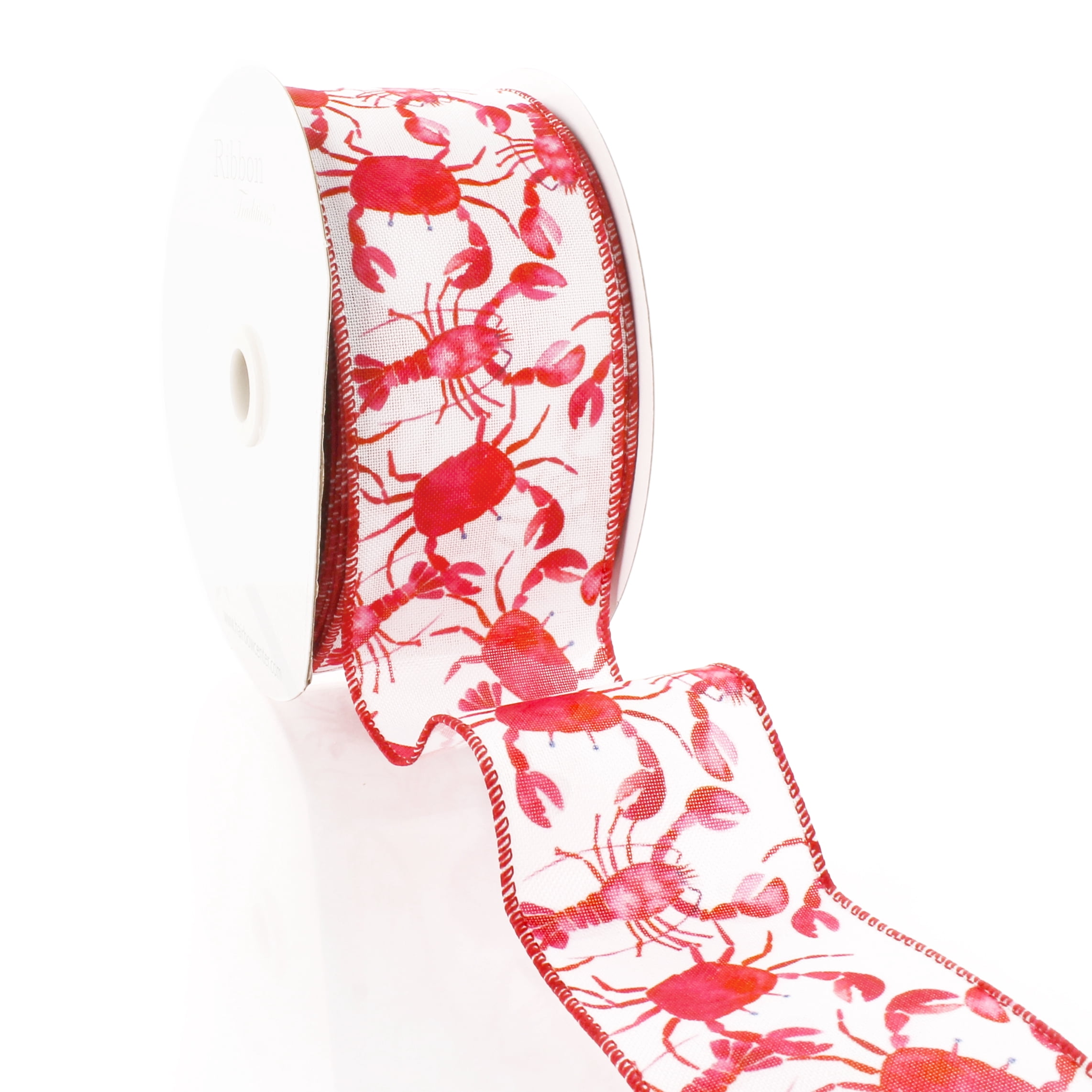 2 1/2" Wired Ribbon Nautical Watercolor Red Crabs and Lobsters 25 Yards