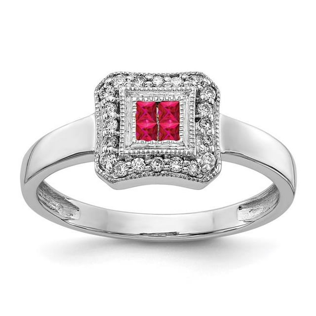 14k White Gold Square Design Ruby & Diamond Ring Size 6