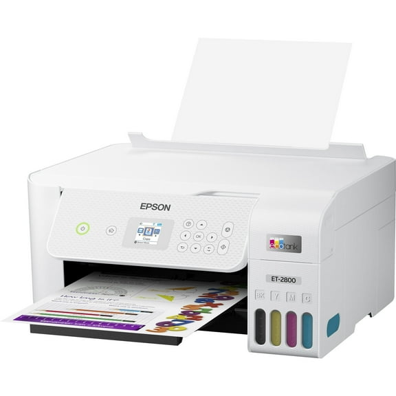Pre-Owned Epson EcoTank ET-2800 Wireless All-in-One Color Inkjet PRINTER, 5760 x 1440 dpi, 10 ppm, The Ideal Basic Home Printer, Print Scan Copy, White, Bundle Printer Cable