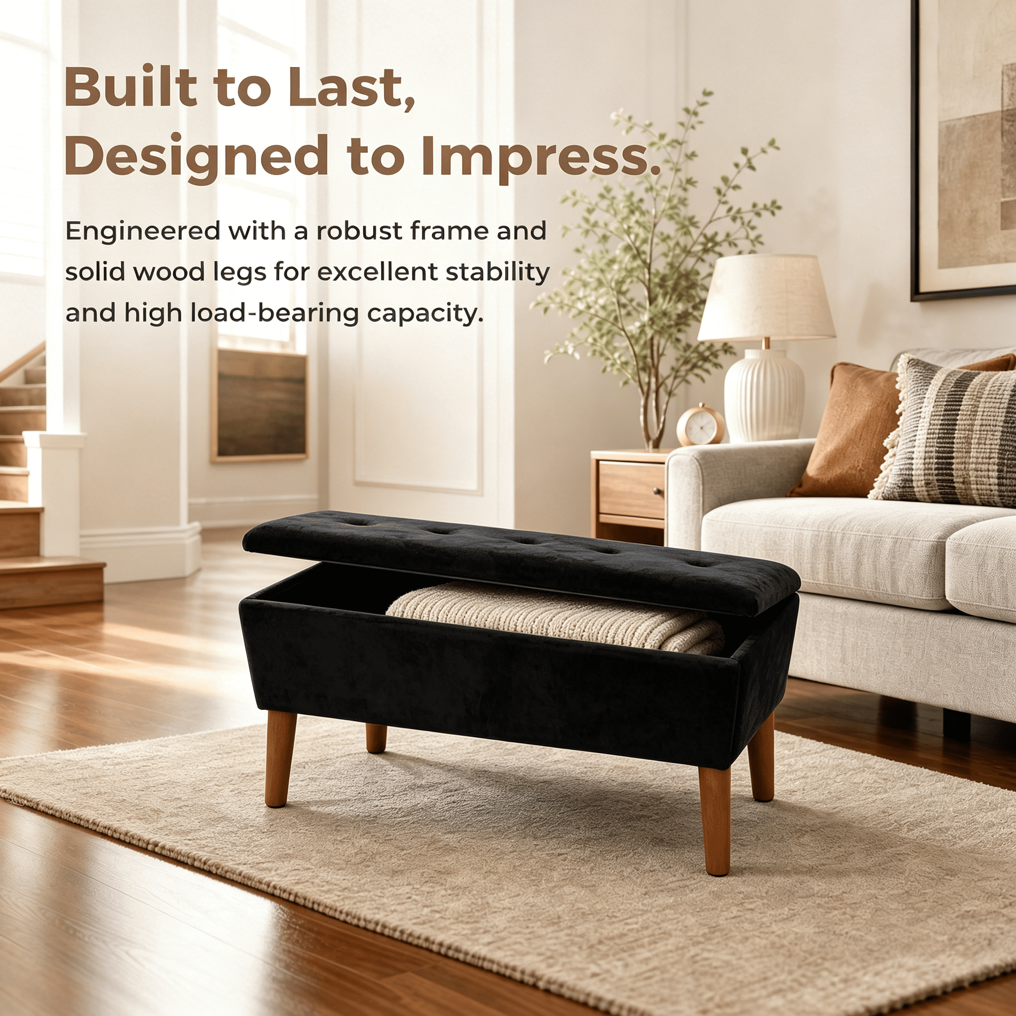 42" Rectangular Linen Upholstered Ottoman Bench, Solid Wood Tapered Legs Multi-Use Entryway Shoe Bench End of Bed Footrest Stool for Living Room Bedroom Small Spaces
