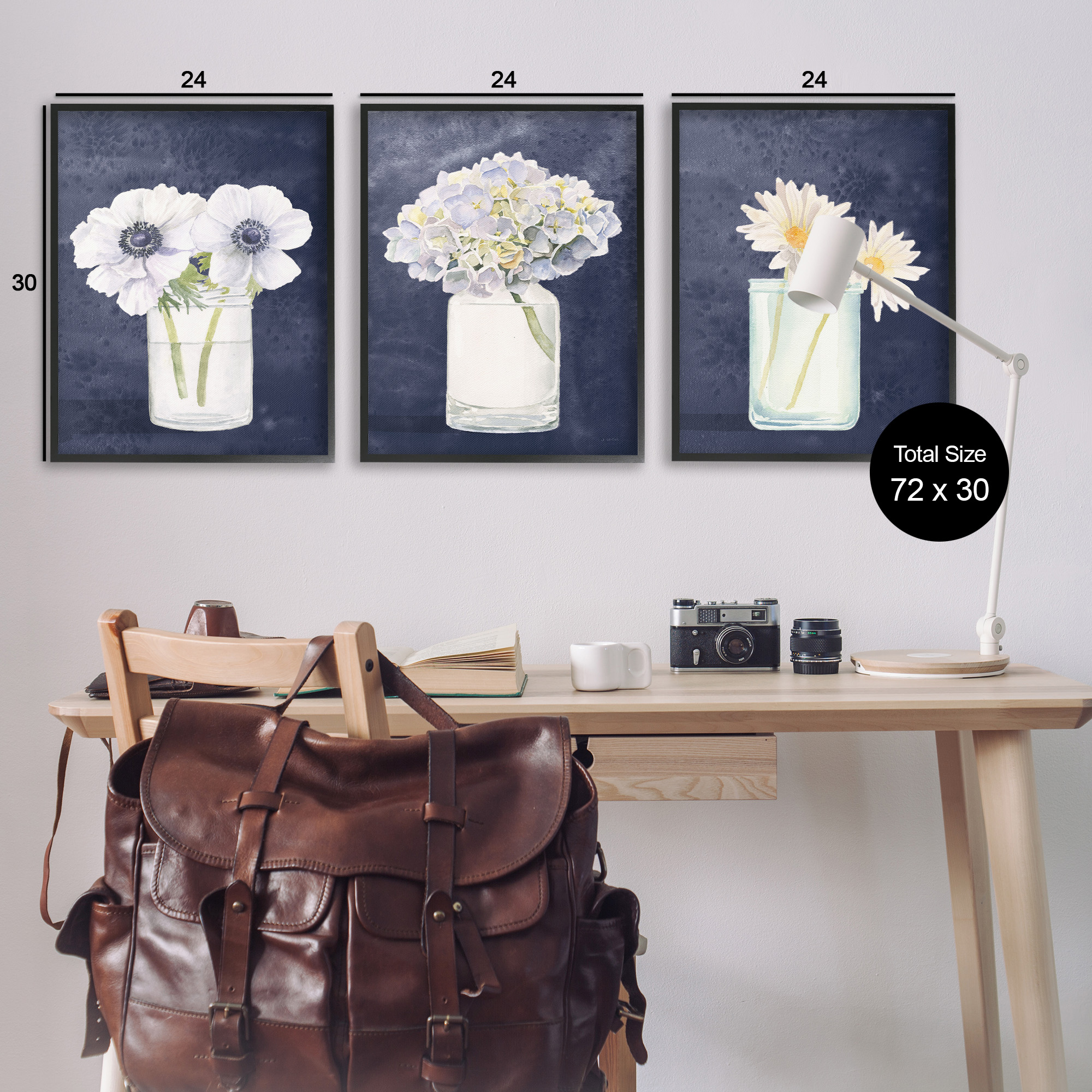 Stupell Industries Navy Blue Flower Bouquets Botanical & Floral Painting Black Framed Art Print Wall Art, 24 x 30, Set of 3