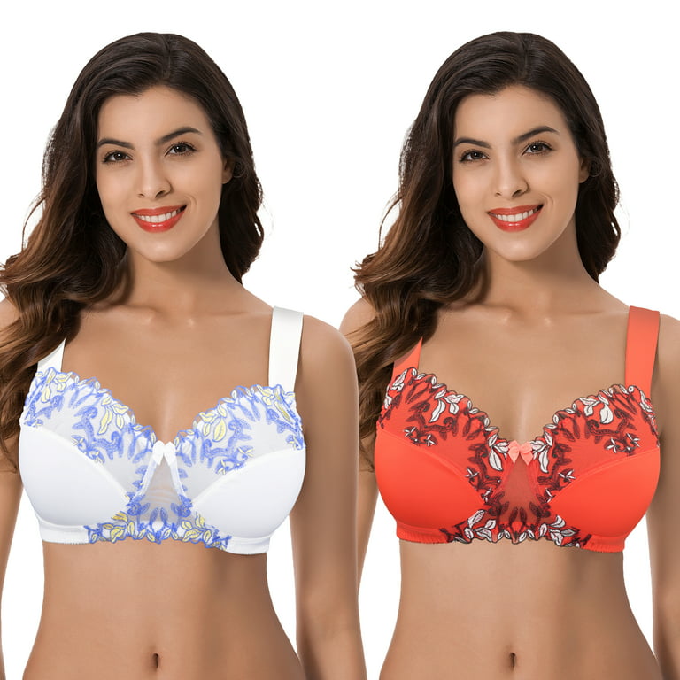 Curve Muse Women's Plus Size Minimizer Wireless Unlined Bra with Embroidery  Lace-2Pack-BUTTERMILK,CHERRY TOMATO-36C 
