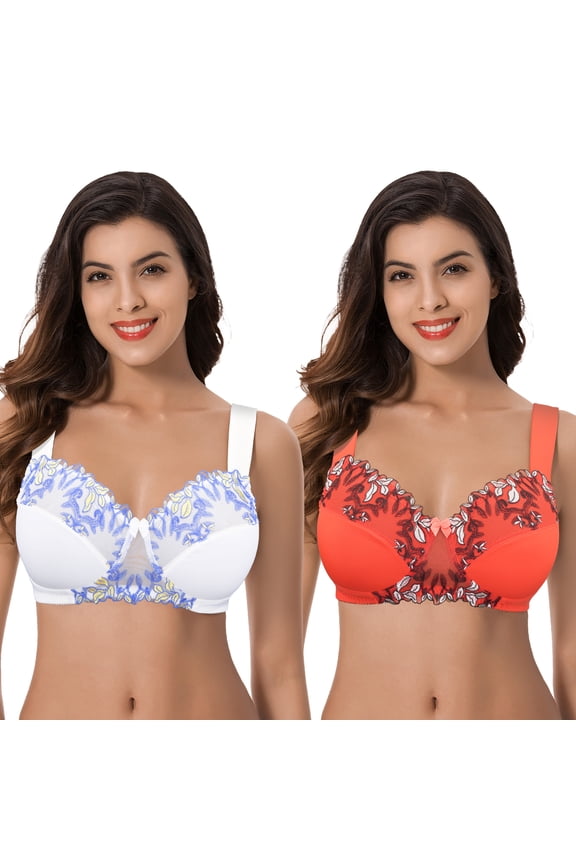 Women's Plus Size Minimizer Wireless Unlined Bra with Embroidery Lace-2Pack-BUTTERMILK,CHERRY TOMATO-34DDDD