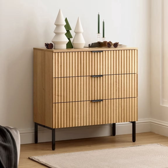 EYYTHUNG Modern Fluted 3 Drawer Dresser Large Chest of Drawers Bedside Nightstand with Metal Legs, Wood Side Table Closet Storage Dresser Organizer Natural Oak