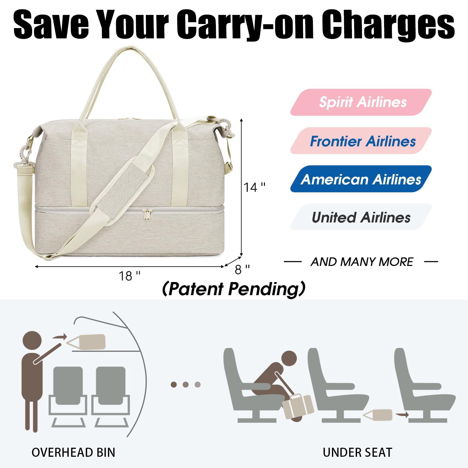 SportsNew Business Travel Bag with  Shoe Compartment  and Wet Pocket ,TSA Carry on Personal Item Bag  18x14x8 , Laptop Bag with USB Charging Port, Gym Tote Bag with Strip for Women(Beige Bag)