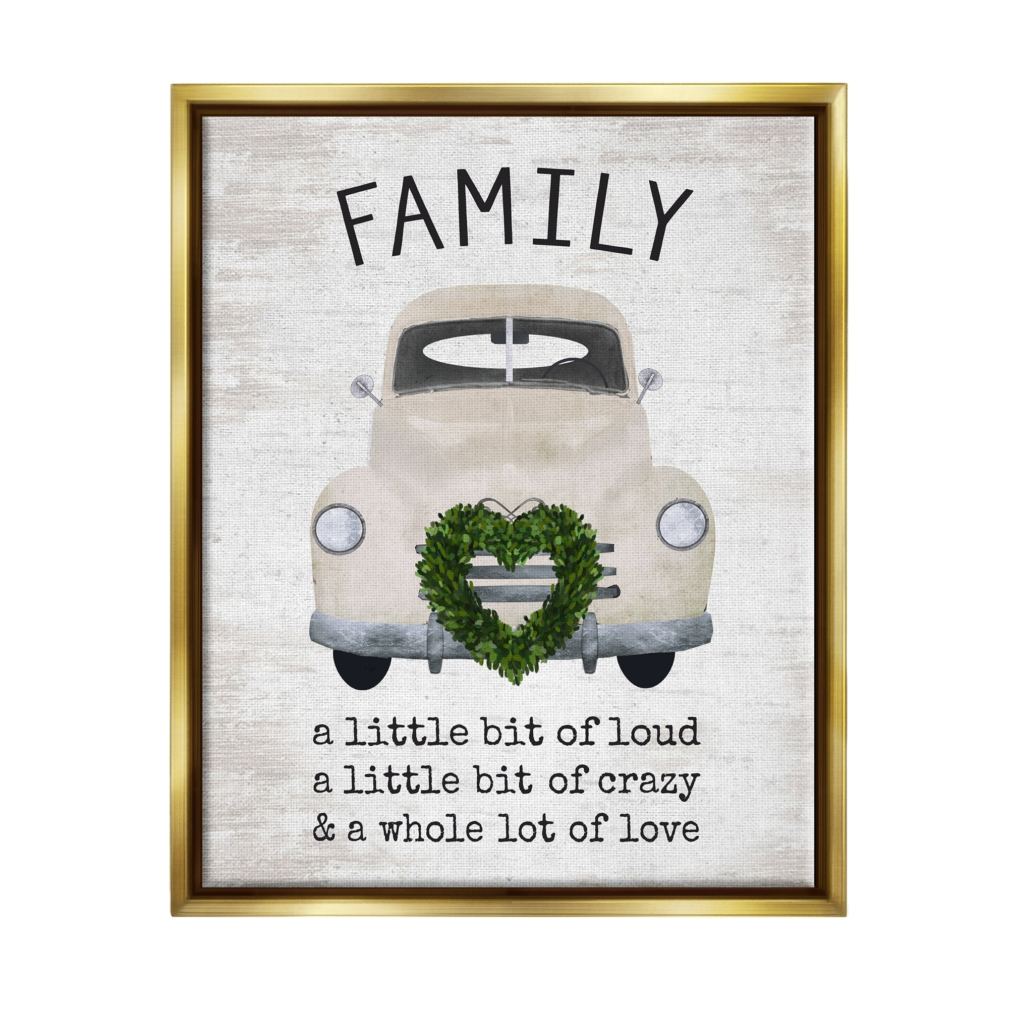 Stupell Industries Wholesome Family Sign Antique Car Heart Wreath Graphic Art Metallic Gold Floating Framed Canvas Print Wall Art, Design by Lettered and Lined