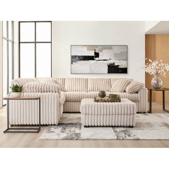 Roundhill Furniture Belvoir 2-PC Living Room Set, L-shape Sectional and Accent Ottoman, Beige Champagne