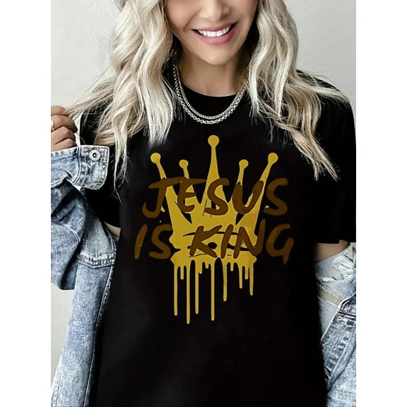 Women Christian T-Shirt Jesus is King Graphic Shirt Casual Loose Short Sleeve Crew Neck Top