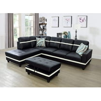 PonLiving 103.50" Wide Black & White Faux Leather Sectional with Ottoman Left Hand Facing