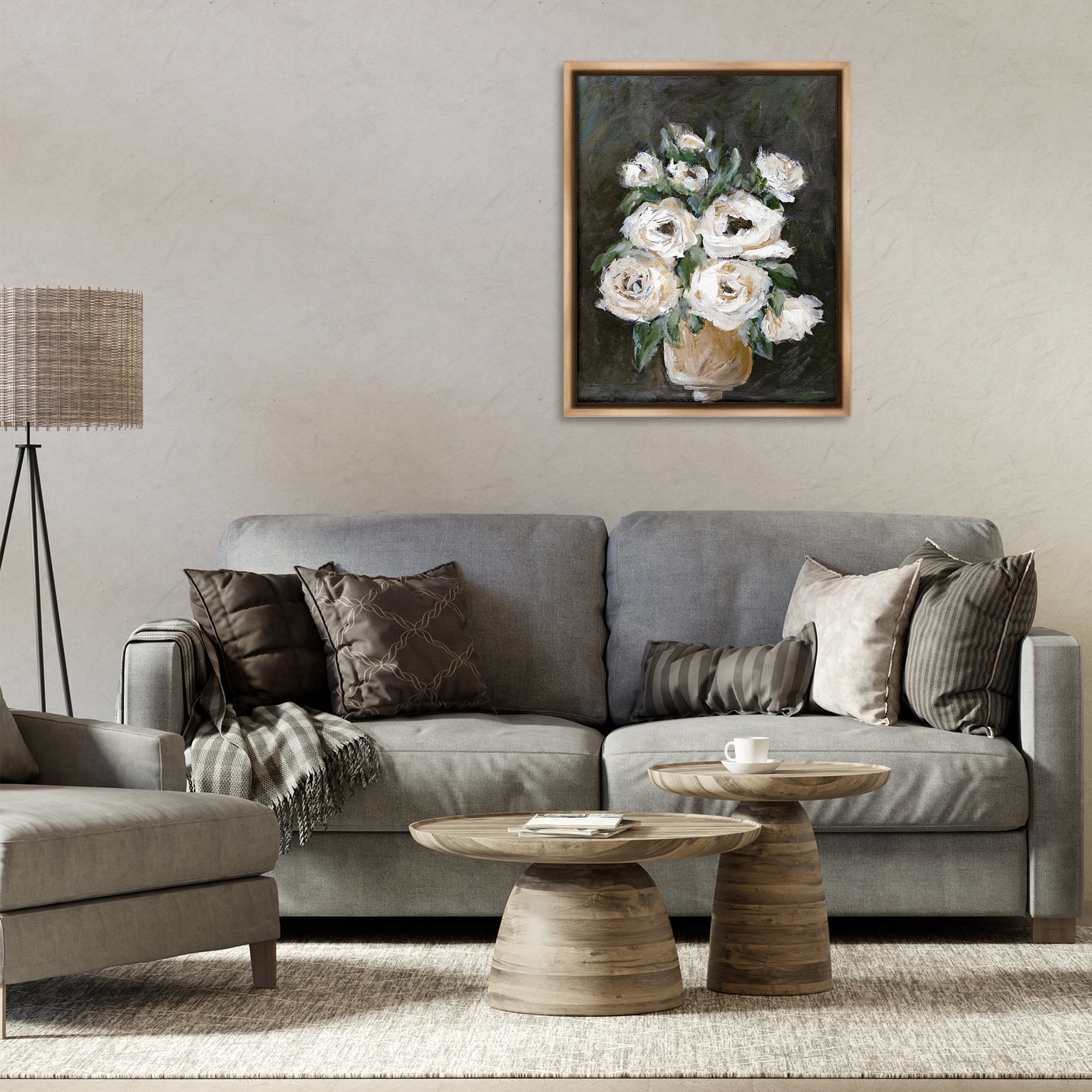 Stupell Industries Roses on Black Still Life Plants & Flowers Painting Brown Floater Framed Canvas Art Print Wall Art, 25 x 31