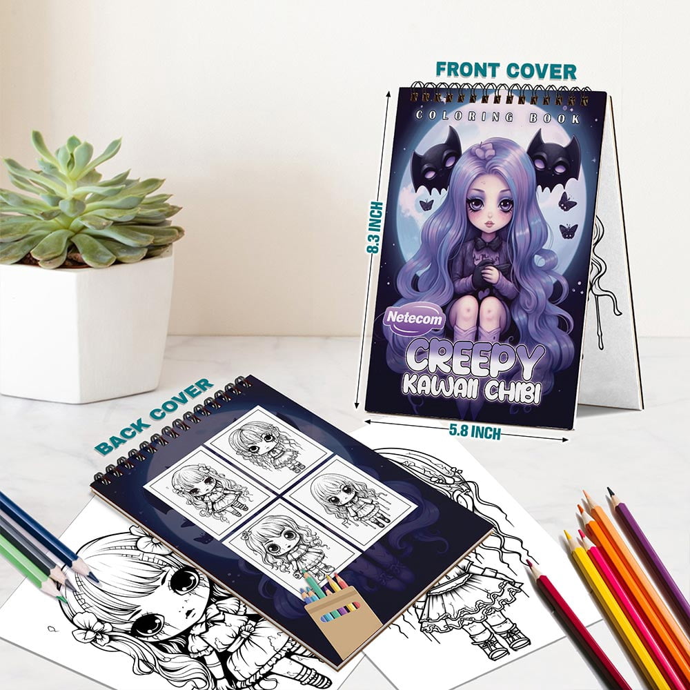Netecom Creepy Kawaii Chibi Coloring Book Spiral Bound for Adults, A5 Wooden Cover, 30 Cute and Creepy Coloring Pages of Kawaii Nightmares or Stress Relief and Relaxation