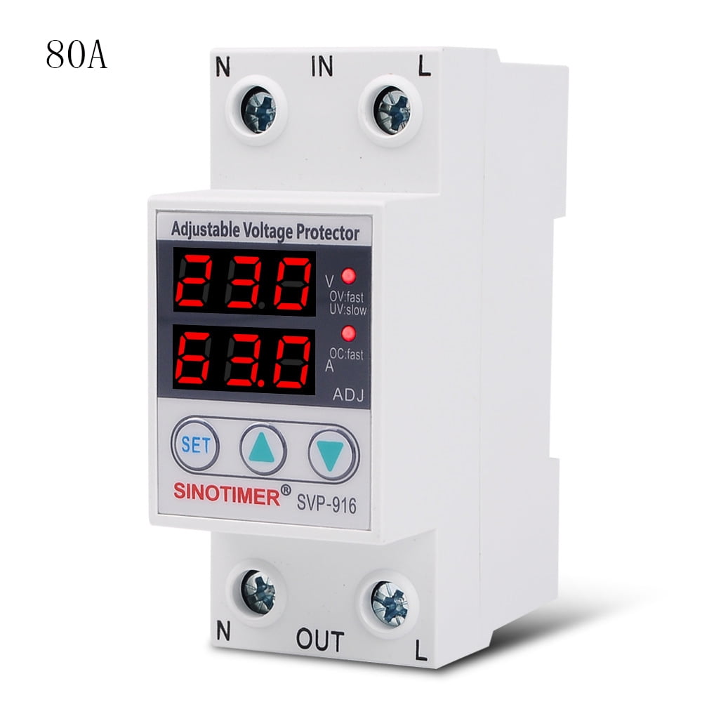 Adjustable Over and Under Voltage Protector,SVP-916 40A 63A 80A Over Under Voltage Protection Limit Current Dual Display Surge Protector Automatic Adjustable Voltage Relay