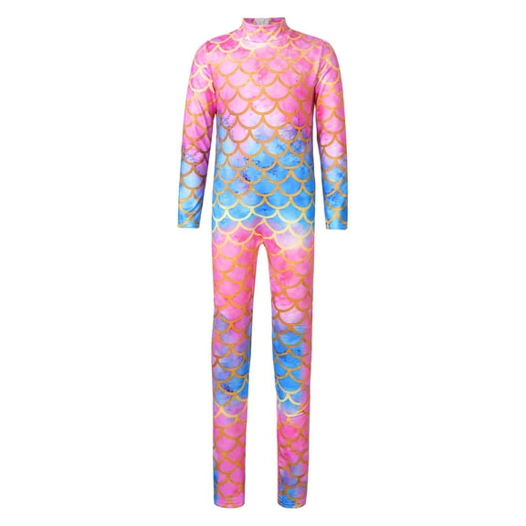 CHICTRY Kids Girls Mermaid Cosplay Jumpsuit Halloween Costume Fish Scales Print Long Sleeve Dance Gymnastics Unitard Type D 9-10