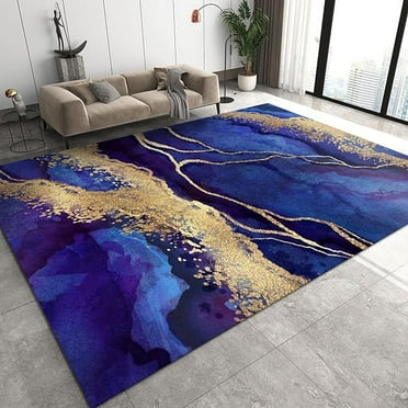 Sapphire Blue Gold Marble Area Rug, Light Luxury Gilt Texture Living Room Rugs, With Non-Slip Backing Washable Carpet For Bedroom Dining Room Nursery Home Office 4' x 5'
