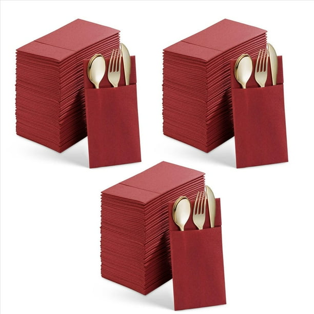 150 Servilletas Desechables con Bolsillo Integrado para Cubiertos, Tela Predoblada Como Servilletas de Papel para Fiesta de Boda, Color Rojo