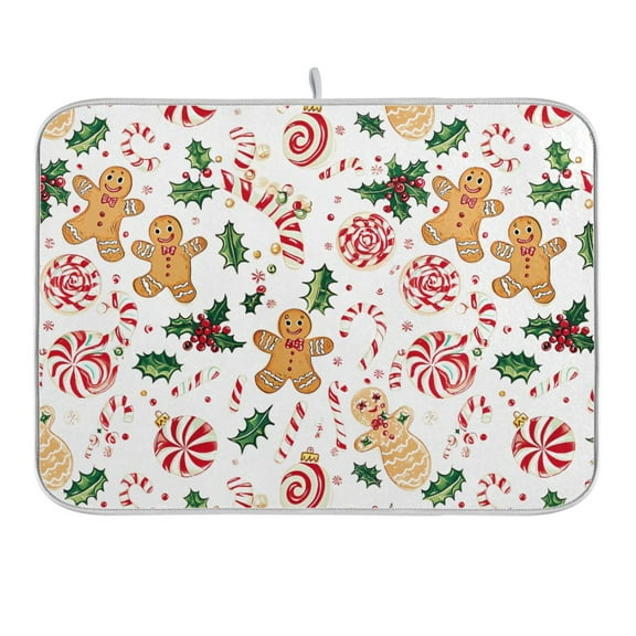 Gingerbread Men Holly Leaves Dish Drying Mat 16x18 Absorbent Microfiber Draining Rack Pad for Kitchen Counter Sink