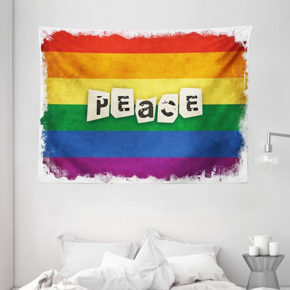 Pride Decorations Tapestry, Grunge Colorful Striped Backdrop Peace Wording Vintage Gay Lesbian Flag, Wall Hanging for Bedroom Living Room Dorm Decor, 80W X 60L Inches, Multicolor, by Ambesonne