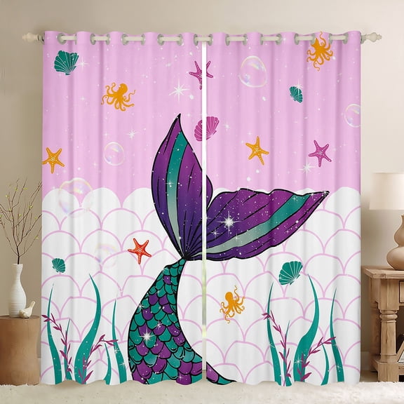 Castle Fairy Ocean Mermaid Curtains Pack of 2 (42x84 Each) for Kids Children Girls,Dreamy Marine Princess Curtains Blackout,Bling Glitter Bedroom Curtains,Lightweight Room Decor