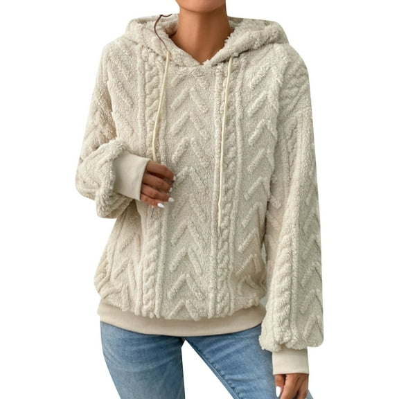 Women's Casual Drop Shoulder Hooded Sweater Pullover Long Sleeve Drawstring Comfortable Teddy Soft Warm Loungewear