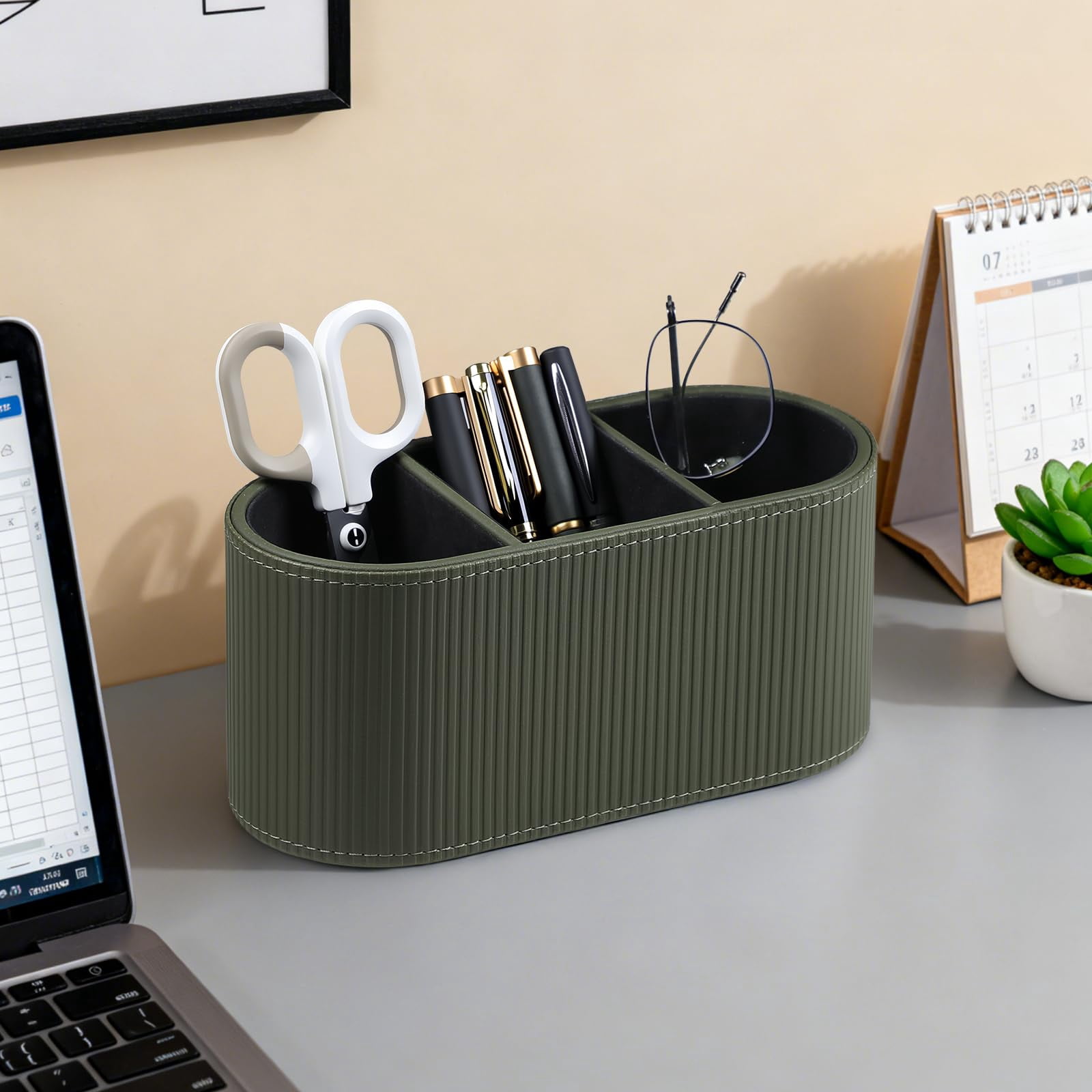 Aesthetic Remote Control Holder  Pu Leather Desktop Organizers With 3 Compartments For Home Office Supplies And Accessories Stylish Bedside Nightstand Organizer (green)