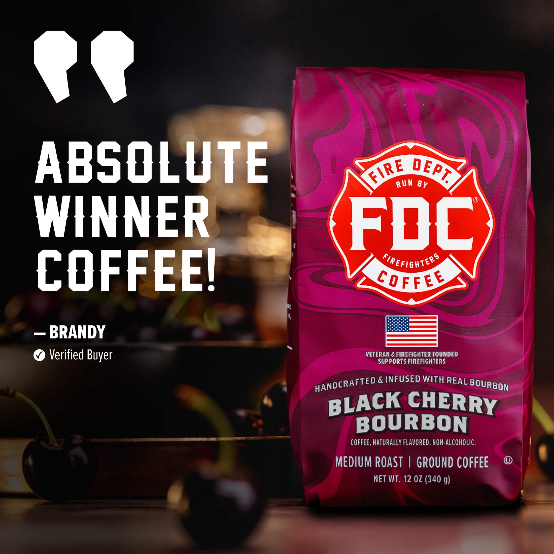 (6 pack) Fire Department Coffee, Black Cherry Bourbon Infused, Premium Ground Coffee, Medium Roast 12 oz.