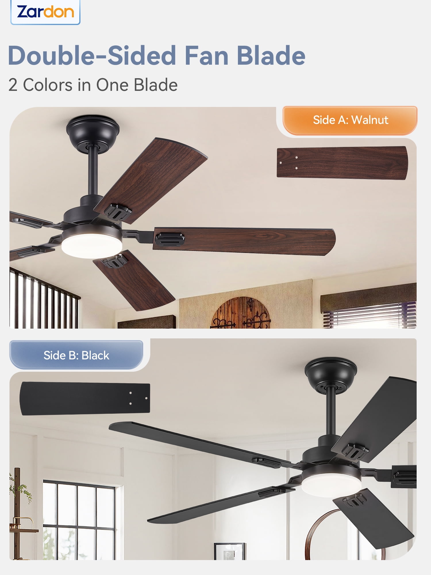 Zardon 52" Modern Black Ceiling Fan with Light and Remote Control, Ultra-Quiet DC Motor, Bright LED Light, 6-Speed, Timer for Bedroom, Living Room