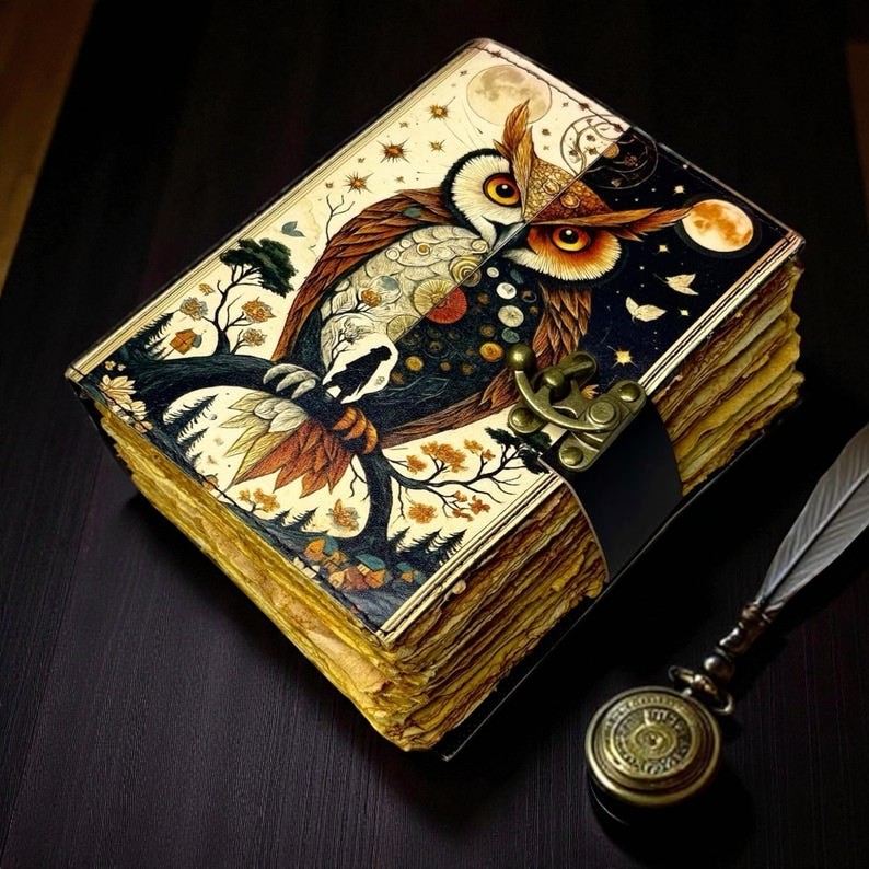 Owl Leather Journal – Gothic Grimoire Book of Shadows – size 5x7 Inch | 200 Pages Handmade Paper | Locking Diary |