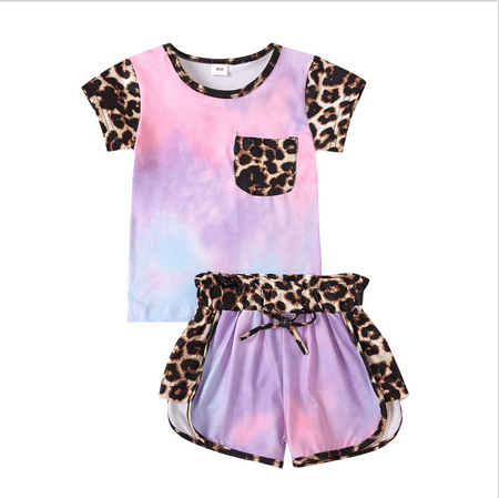 

Puloru Baby Leopard Print Clothes Set Tie-dye T-shirt+Elastic Waist Shorts