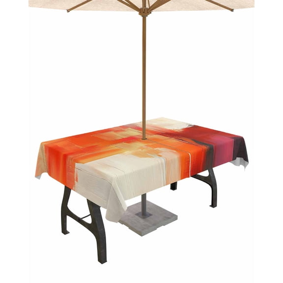 Outdoor Tablecloth with Umbrella Hole for Patio/Picnic/Party/Camping, Orange Red Brown Waterproof Table Cloth Rectangle Table Cover Washable, Abstract Modern Oil Painting Street Art (60"x 102")