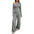 thumbnail image 2 of Fall Two Piece Sets For Women One Shoulder Tops Long Pants Knit Matching Lounge Set Womens Casual 2 Piece Top and Pants Home Wear Set, 2 of 9