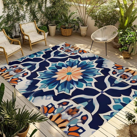 Fsddascl Orange Blue Outdoor Rug for Patio/Deck/Porch, Non-Slip Large Area Rug 5 x 8 Ft, Morocco Boho Abstract Floral Ethnic Tribal Indoor Outdoor Rugs Washable Area Rugs, Camping Rug Carpet