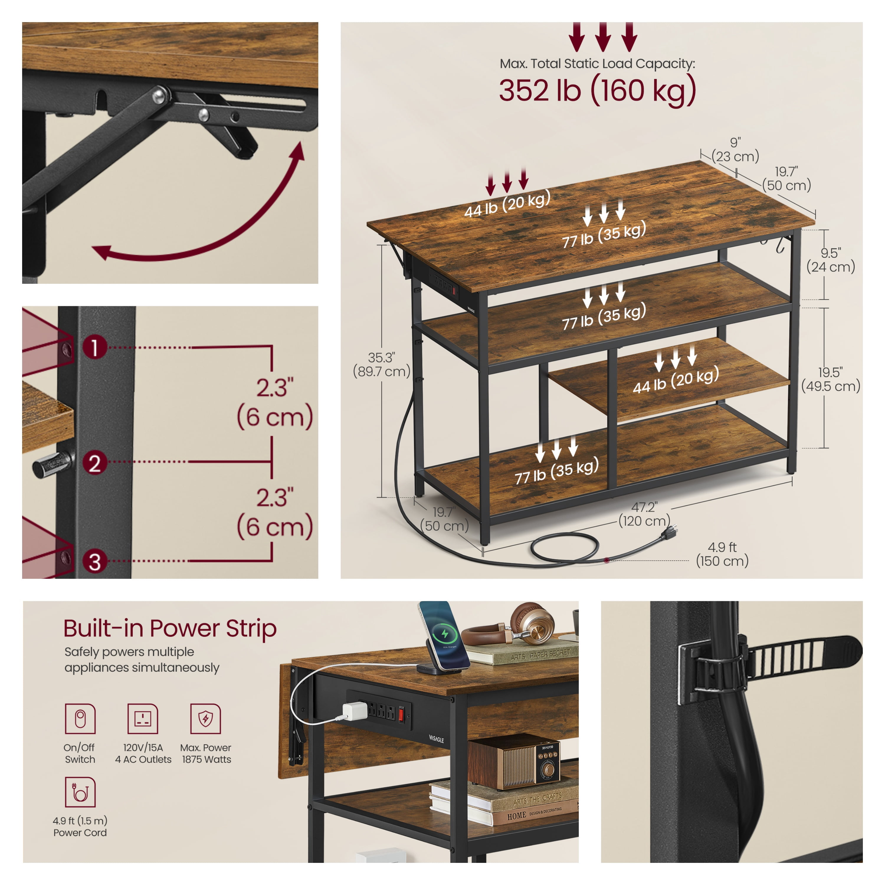 LEDREM Kitchen Island Cart with Drop Leaf & Power Strip - 47.2" Extendable Worktop, Adjustable Shelf, Locking Wheels, Rustic Brown and Black
