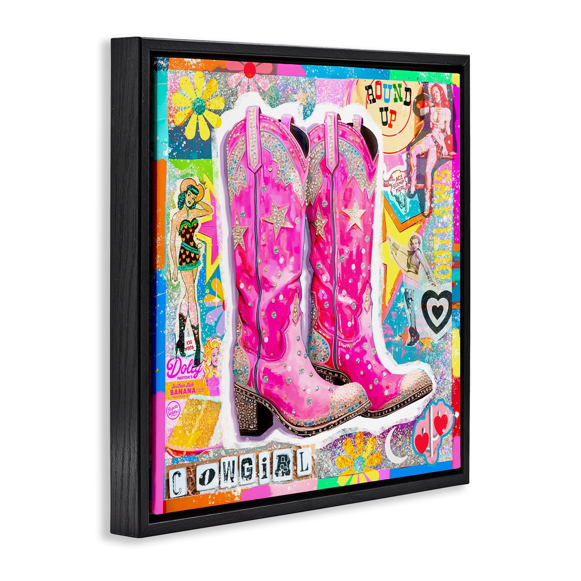 Stupell Industries Groovy Vintage Cowgirl Collage Abstract Painting Black Floater Framed Canvas Art Print Wall Art, 18 x 18