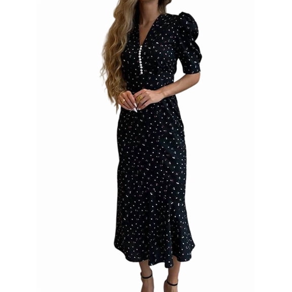 Women'S Maxi Dress Short Sleeves Wrap V Neck Long Dresses Black L