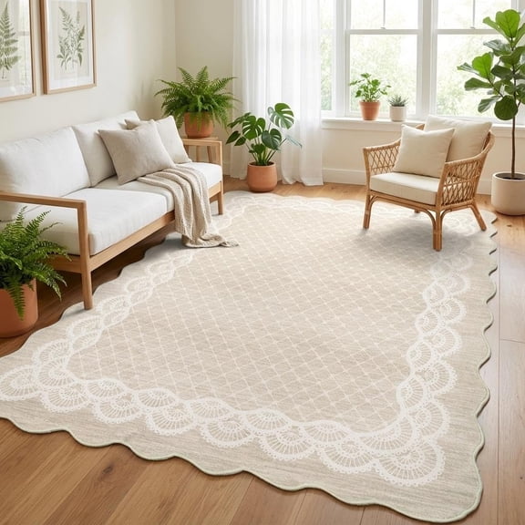 8x10ft Scalloped Washable Area Rug, Beige Lace